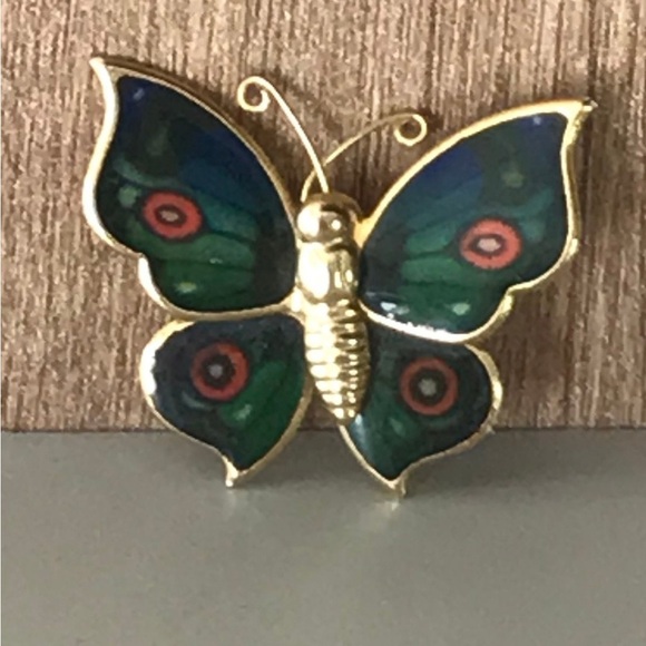 Vintage Gold Tone Green Enamel Butterfly Brooch 80’s - Picture 2 of 2
